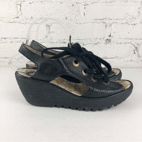 Fly London Ylva Black Wedge Sandals - Picture 1 of 10